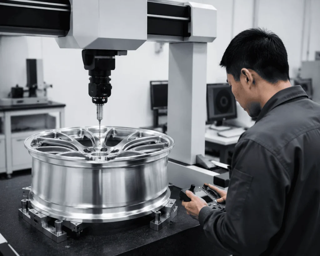 CMM inspection of a forged wheel for dimensional and brake-clearance verification