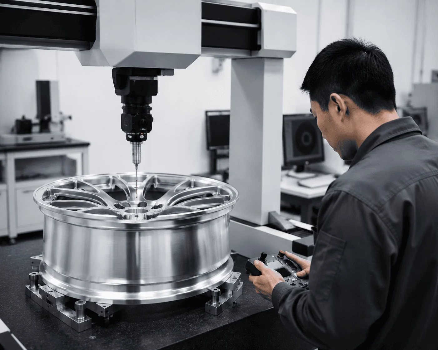 CMM inspection of a forged wheel for dimensional and brake-clearance verification