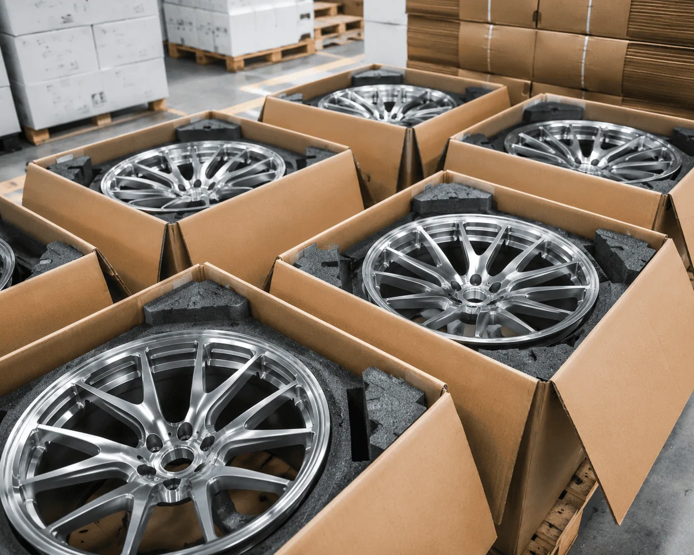 Forged wheels protected in export cartons for international shipping