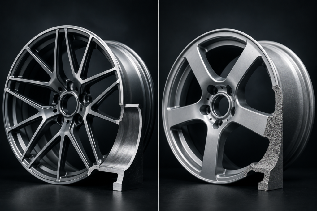 Side-by-side forged aluminum wheel and cast alloy wheel comparison