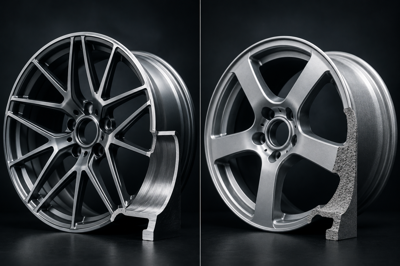 Side-by-side forged aluminum wheel and cast alloy wheel comparison