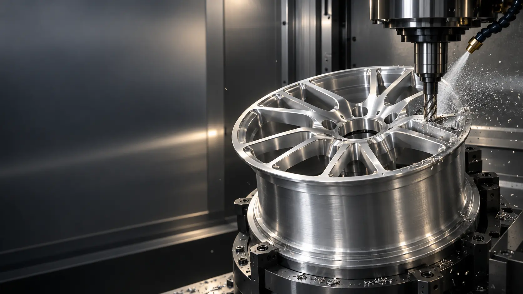 CNC machining of a forged aluminum wheel during custom production