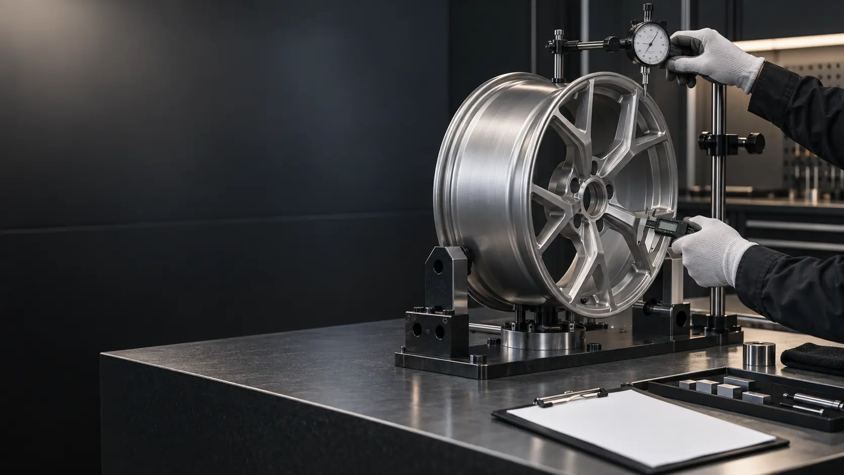 Precision inspection of a forged wheel in a quality-control station