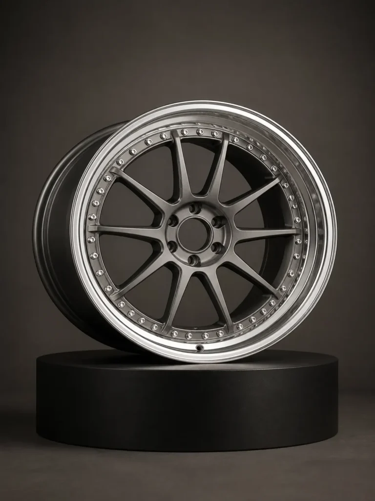 Three-piece forged wheel showing separate center and rim construction