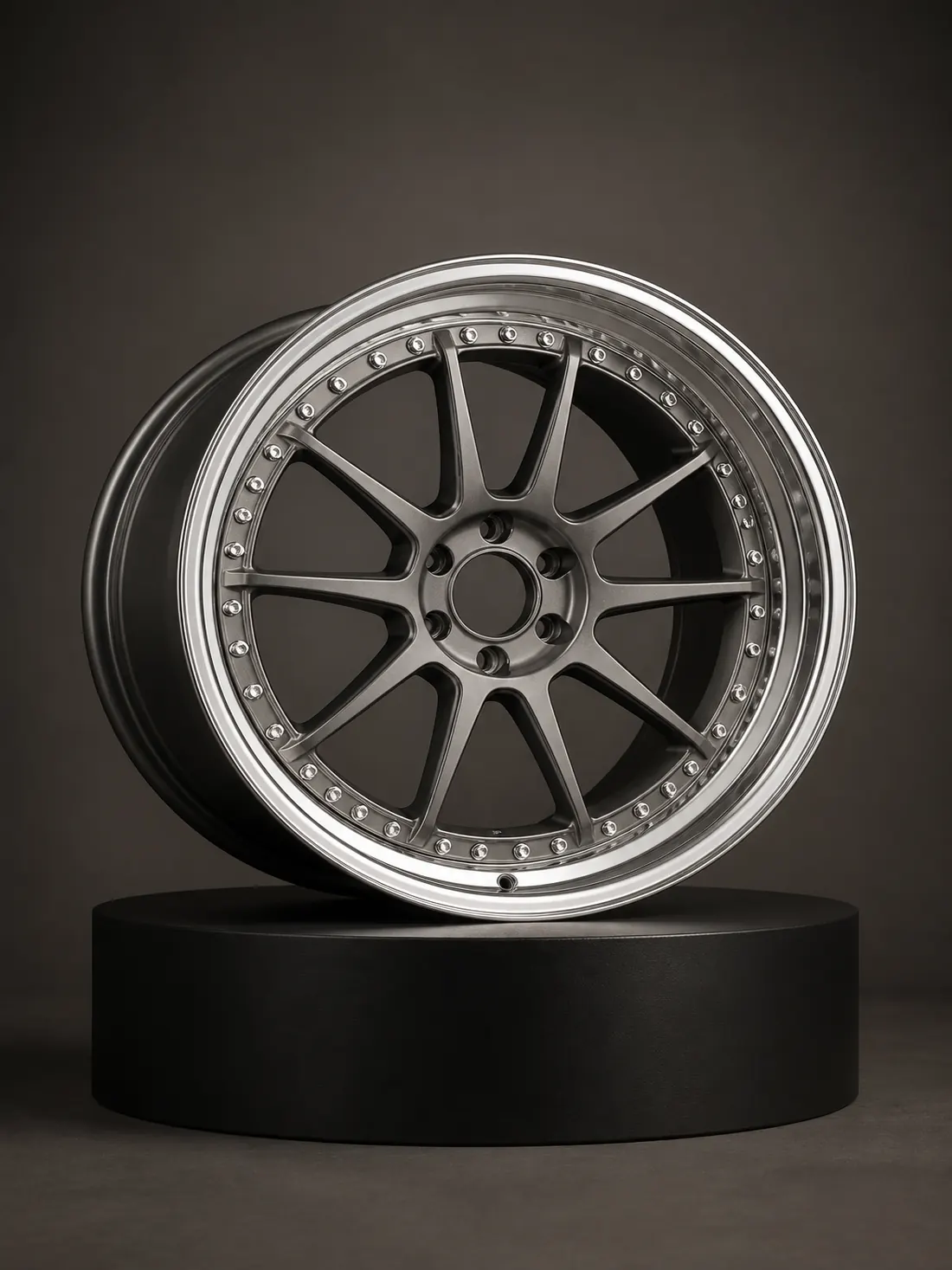 Three-piece forged wheel showing separate center and rim construction
