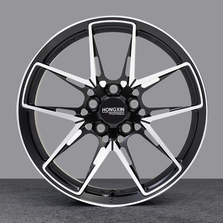 Custom car wheel, gloss black with machined surface finish